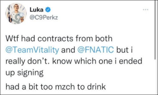 Perkz更推透露自己新赛季去向：VIT或是FNC