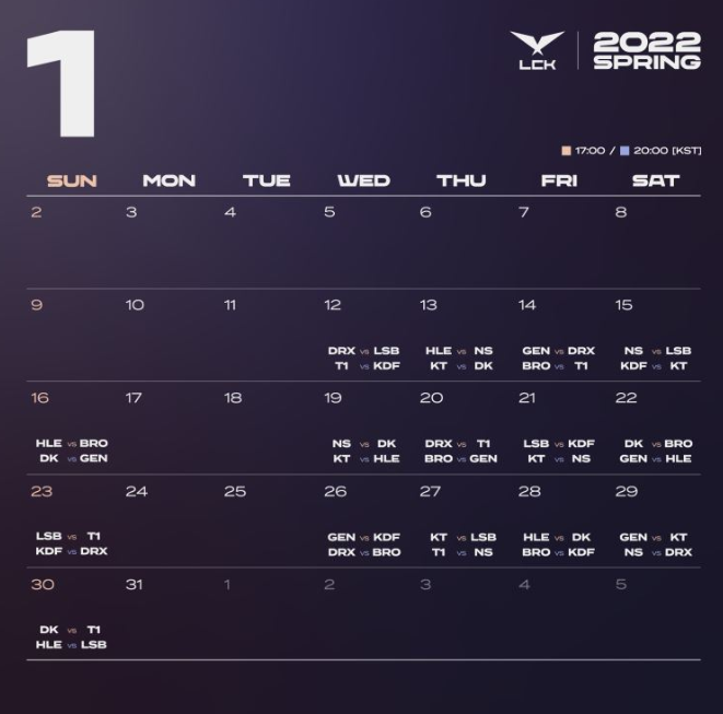 LCK官方公布2022年LCK赛区春季赛赛程