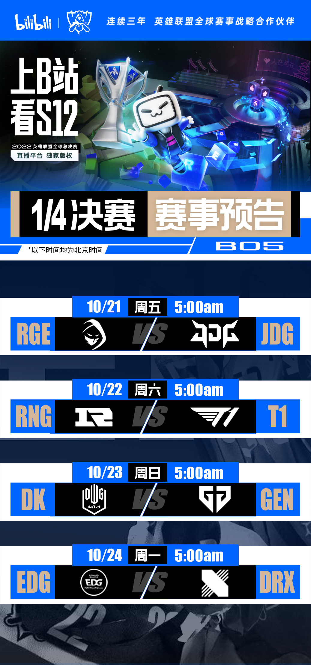 上B站 看S12！预测四强队伍 即有机会获得B站精美周边